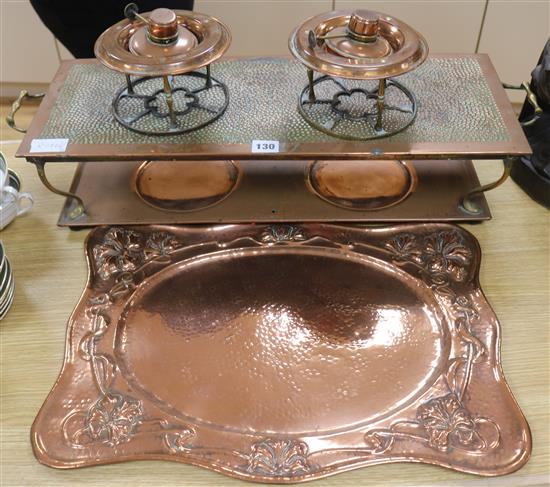 A copper hot plate with two spirit burners and tray